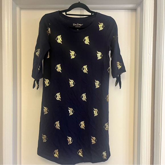 Lilly Pulitzer - Preston Short Tie-Sleeve Dress - Navy Gold Fish Print - Size S - Picture 3 of 7